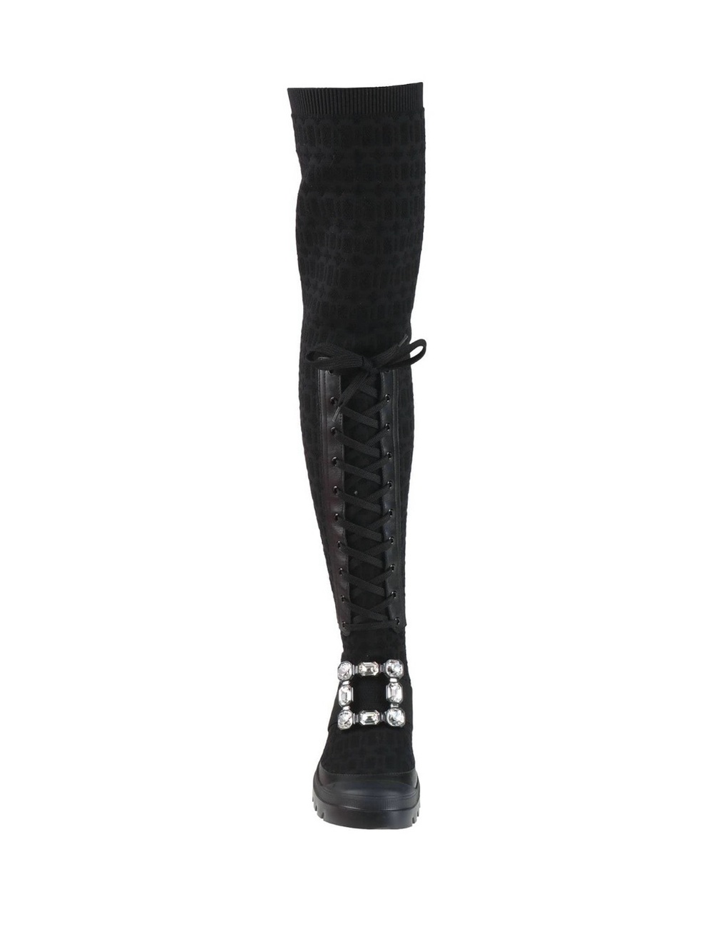 Roger Vivier Black Over-the-Knee Lace-Up Boot with Crystal Buckle